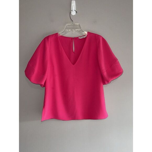 Amanda Uprichard Top Hot Pink Puff Sleeve V Neck Blouse Preppy Barbie Office XS - Picture 13 of 14